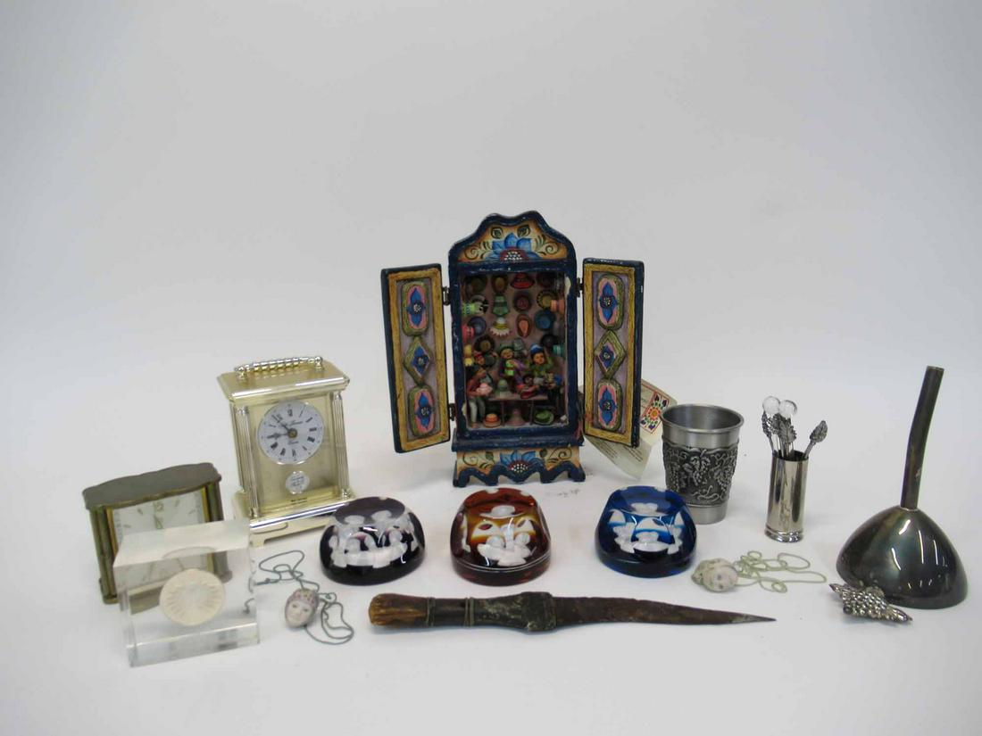 Nicario Jimenez Hat Maker's Cabinet: Nicario Jimenez Hat Maker's Cabinet together with a Group of Assorted Table Articles including Jaz Travel Clock, Seth Thomas Clock, Paperweights, Israeli coin and other assorted articles. Used conditi