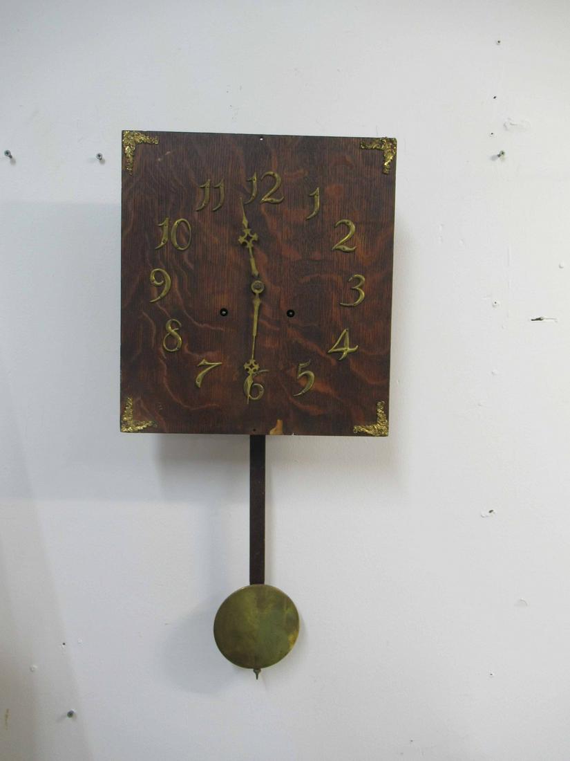 Oak Clock Face with Glibert Brass Works: Oak Hang On The Wall Clock Face with Glibert Brass Work and pendulum, used condition, wear, some chips, no back plate. 14" x 12 3/4" x
