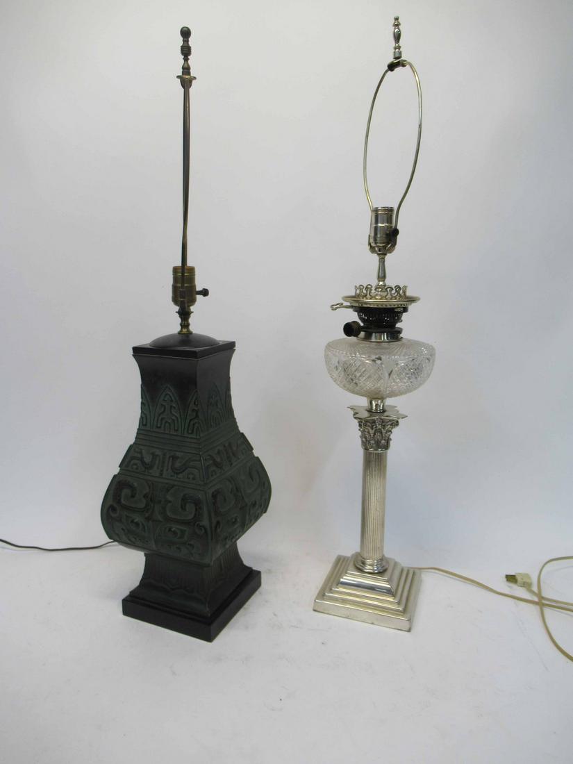 Silver Plated Table Lamp: Silver Plated Table Lamp. Together with a patinated metal table lamp, used condition, wear, crack to lamp collar, each about 33" tall to top of harp.
