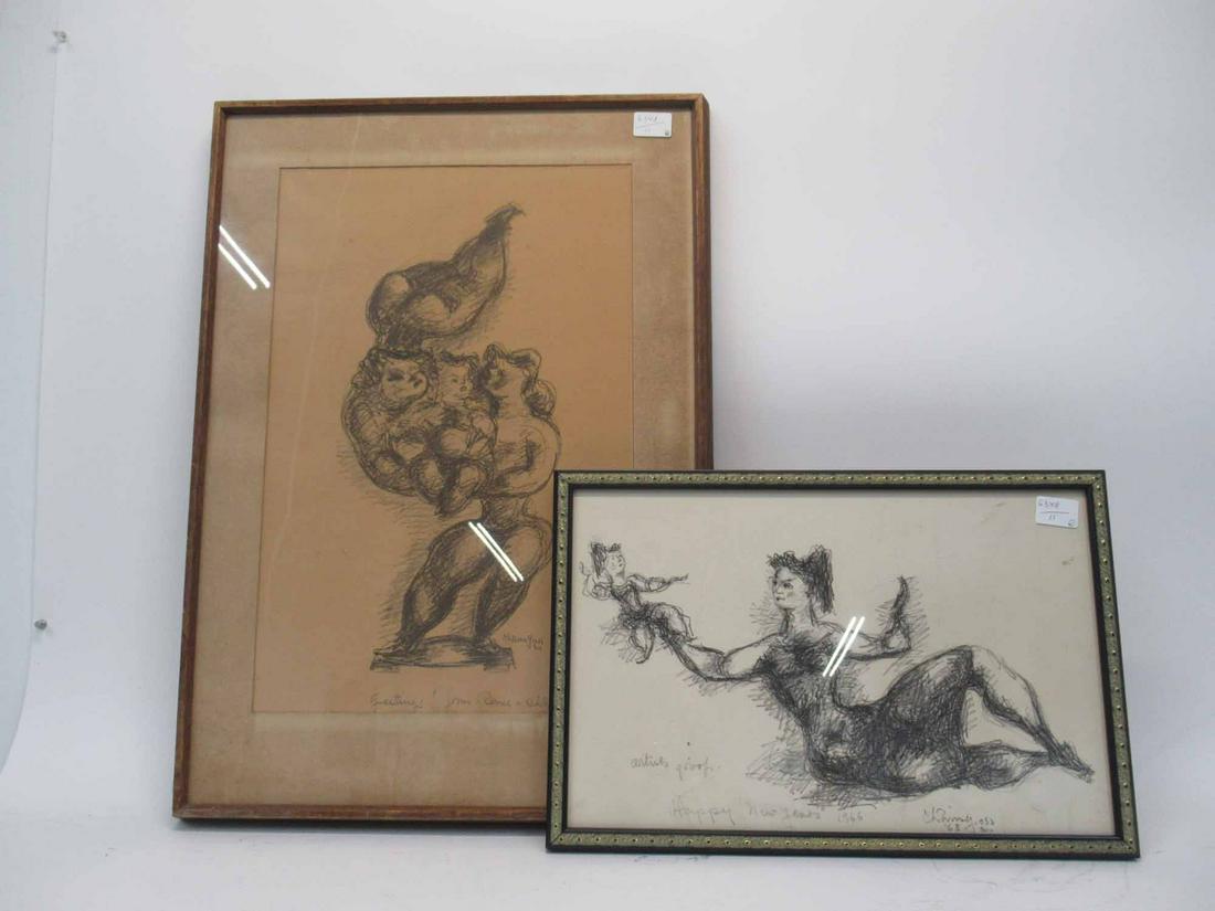 Chaim Gross Artist Proof Sketch: Chaim Gross Artist Proof Sketch of Woman and Child having hand written dedication at bottom. Signed lower right and dated. Together with Chaim Gross Figural Print of Sketch having hand written dedicat