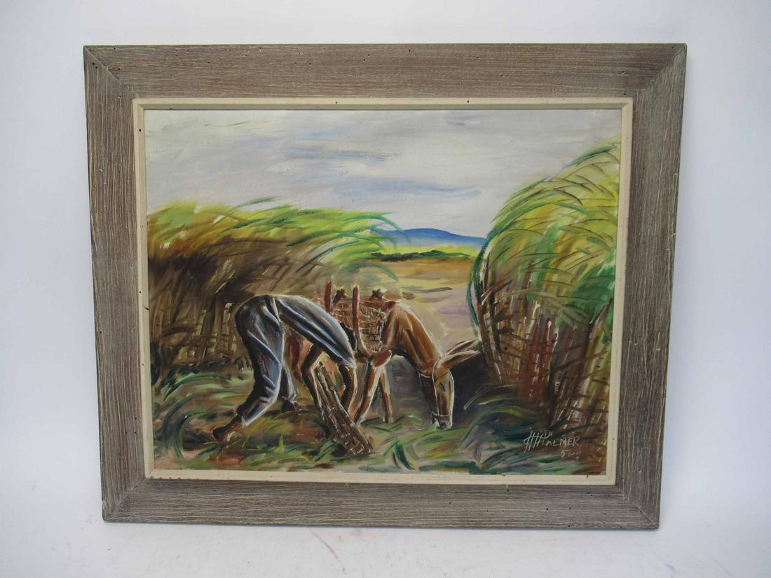 Oil on Canvas of Sugar Cane Farmer: Oil on Canvas of Sugar Cane Farmer and Mule, signed Palmer, used condition, wear, worn. Framed Size 25 1/2" x 30 1/2"