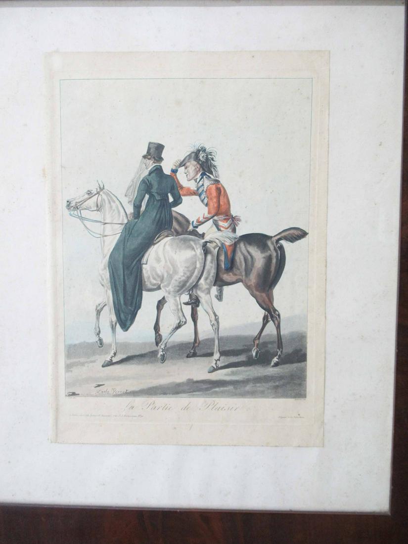 Continental Print of Soldier and Maiden: Colored Print titled La Parlie de Plaisiv. Used Condition, wear, worn, staining, foxing. Framed size 22" x 26"