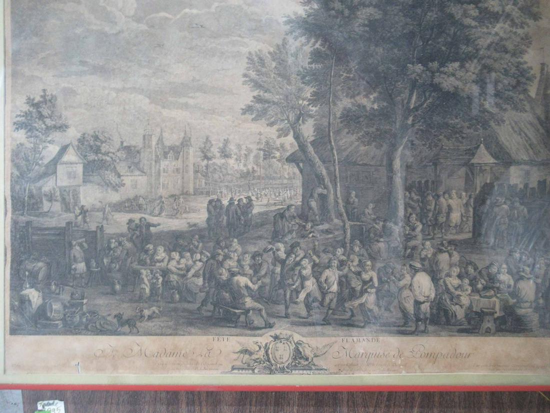 Engraving A Madame La Marquise De Pompedour: Engraving A Madame La Marquise De Pompedour depicting villagers celebration. J. Ph. Jacques Philippe Lebas Sculp, D. Teniers Pina. Used condition, wear, worn, staining, foxing. Framed size 24 1/2" x 3