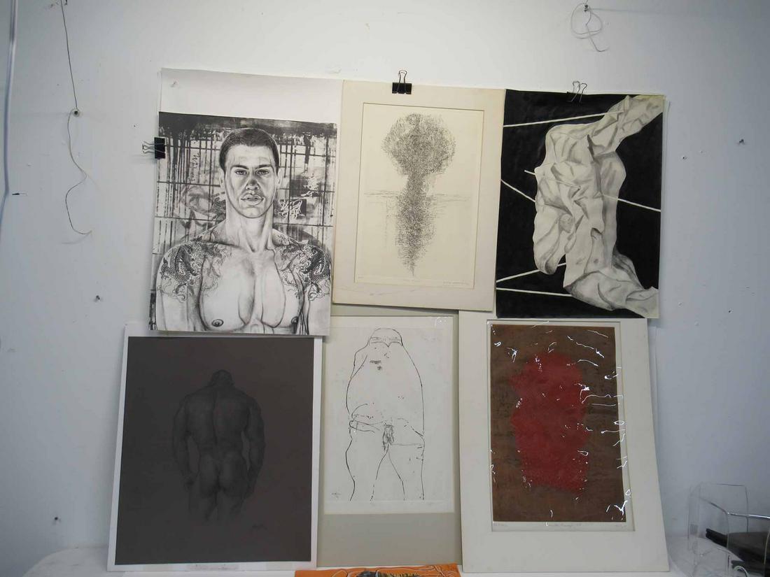 Pencil Signed Leonard Baskin Birdman: Pencil signed etching, (American 1922-2000). Together with a pencil signed, Arthur Luiz Pizo print. (Brazil b. 1928) Entitled, "Comite Rouge 67" 125/210, print of a nude man, an erotic painting of a m