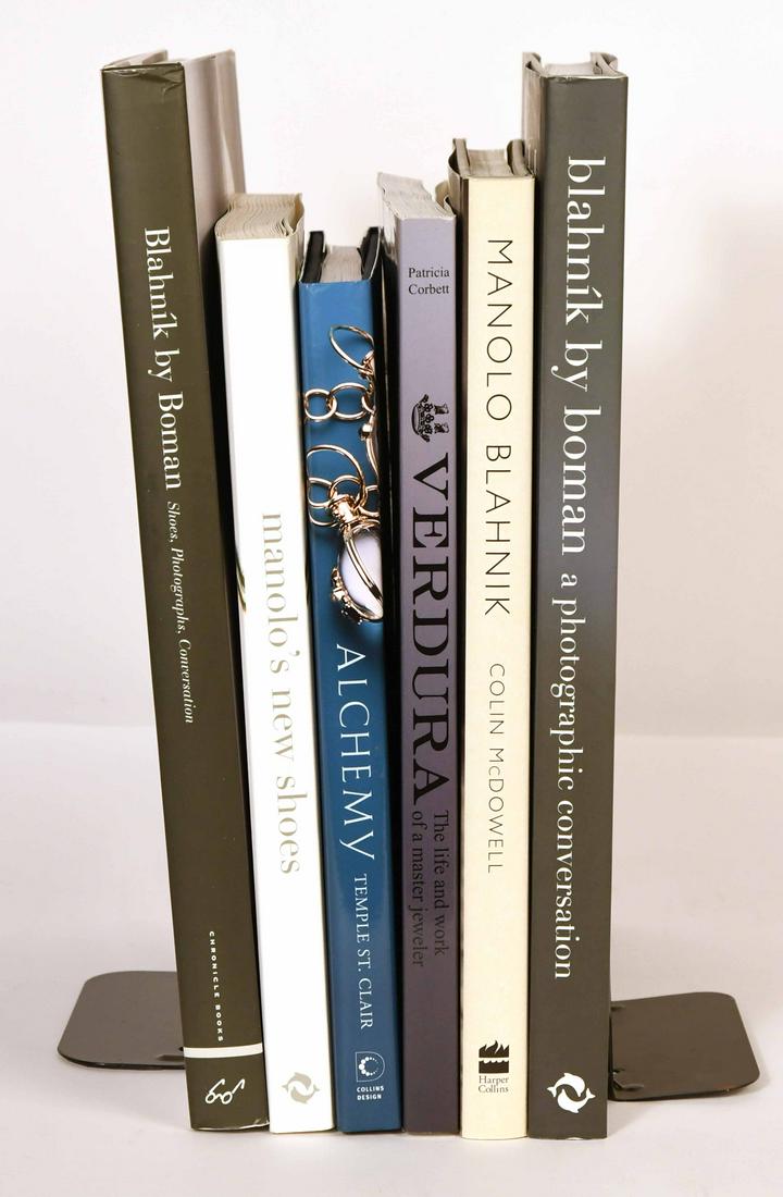 Four Manolo Blahnik Books: Comprising "Manolo's New Shoes," "Blahnik by Boman," "Manolo Blahnik," by Colin McDowell and "Blahnik a Photographic Conversation" by Bowman. Together with two jewelry books comprising "Verdura The Li