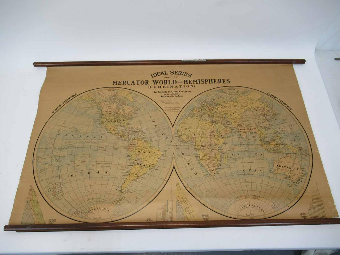 George Cram Classroom World Map: George Cram Classroom World Map Ideal Series Map of Mercator World-Hemispheres (Combrination). The George F. Cram Company Engravers and Publishers, Indianapolis, Indiana. Used condition, wear, worn, t