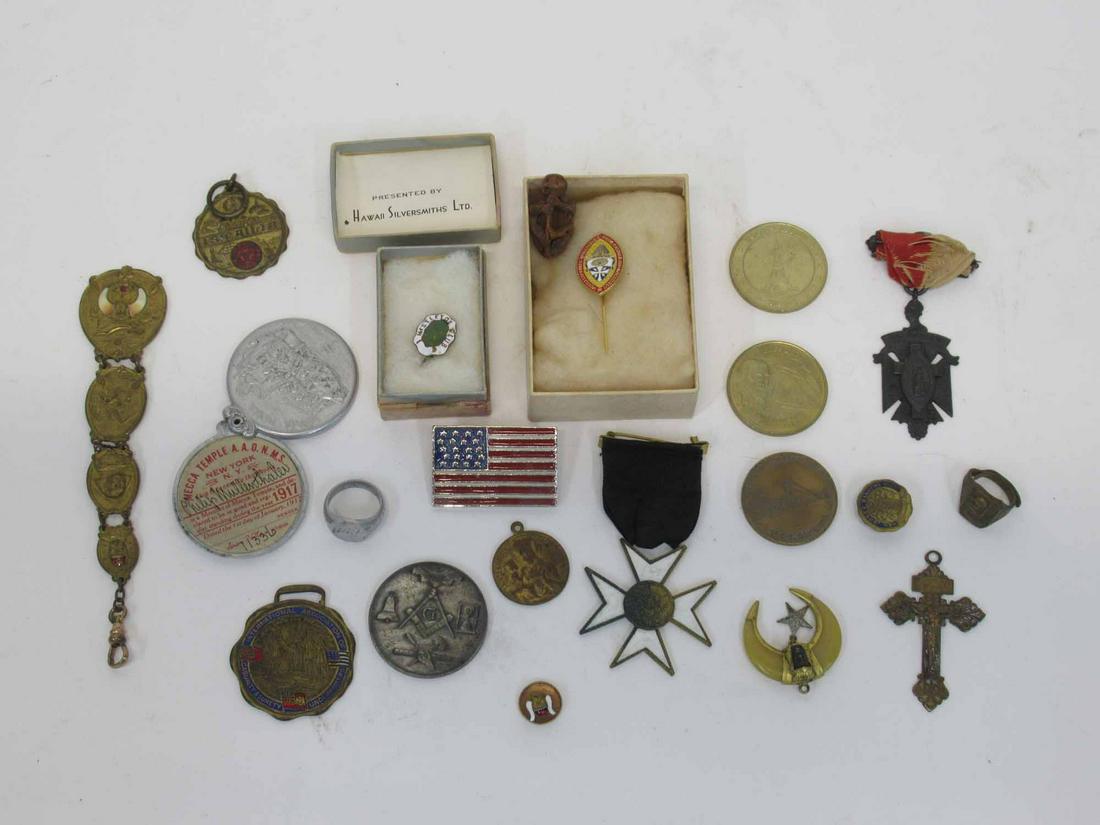 Group of Metals, Pins and Religious Articles: Including a Worlds Fair Ring dated 1939, Masonic Coin, U.S.S. Olympia Coin. Used condition, wear, worn.