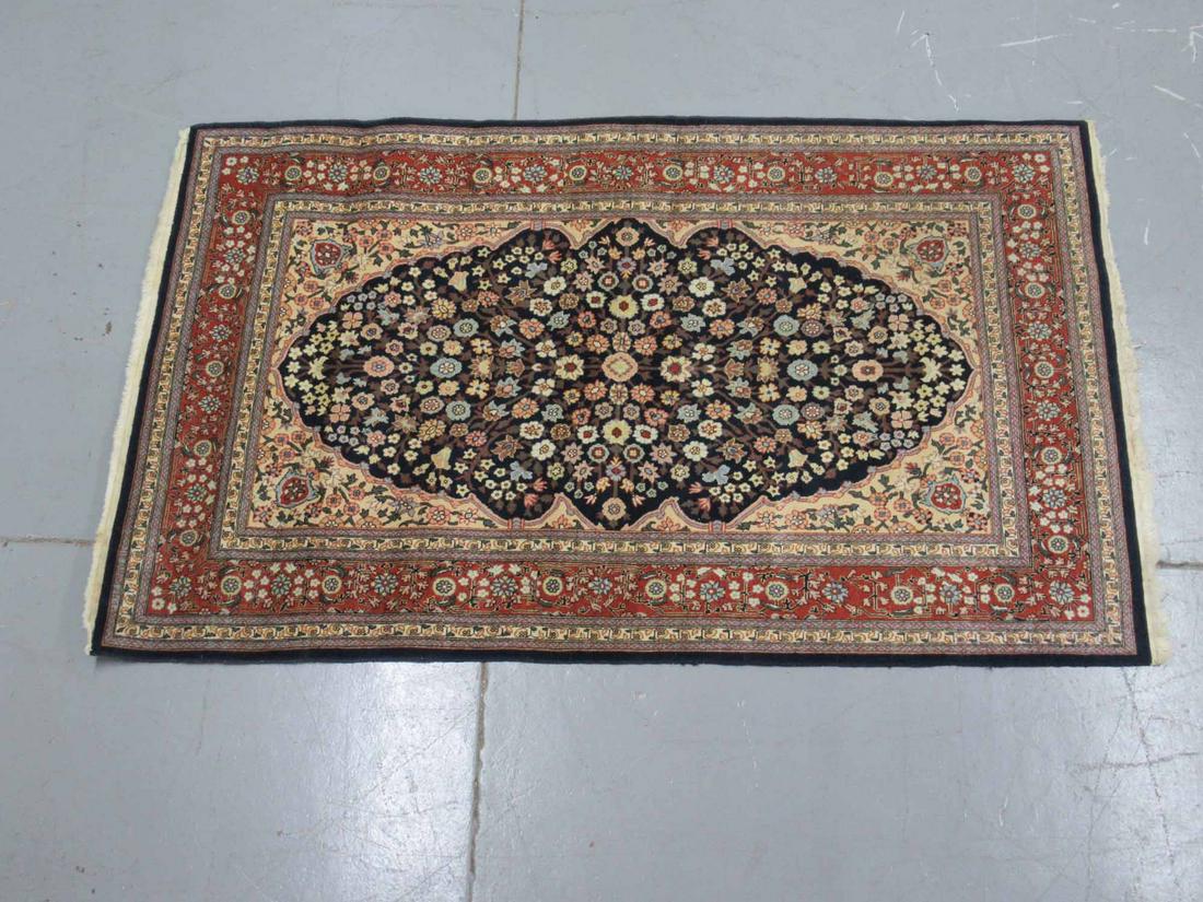 Persian Style Throw Rug: Persian Style Throw Rug Central Blue Medallion with allover floral and foliate design, used condition, minor stains, 3' 11" x 6' 6"