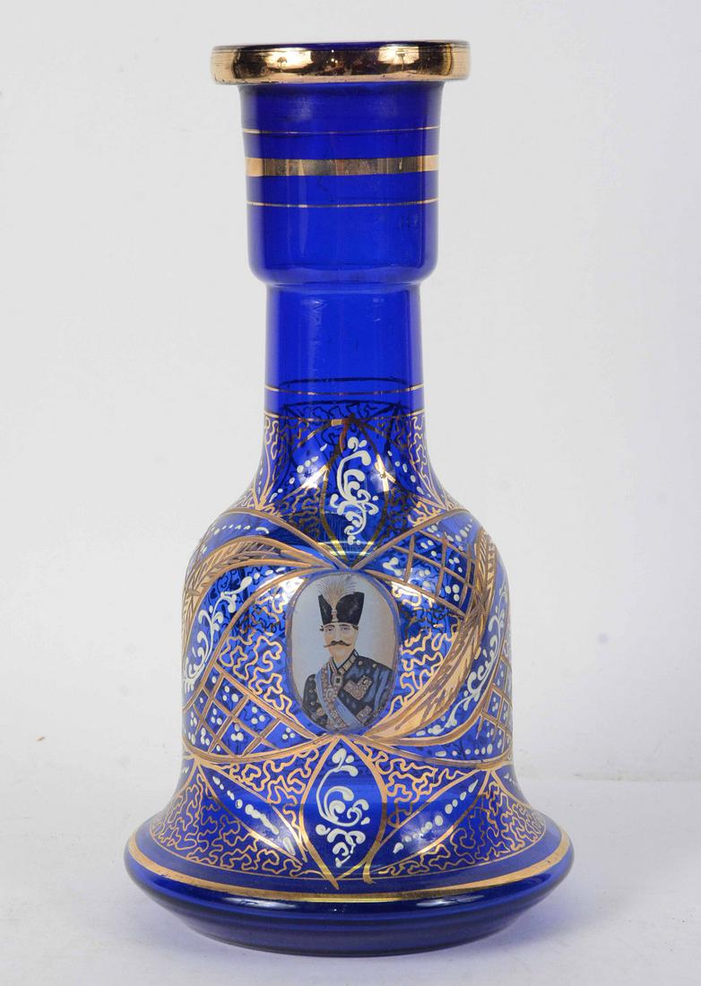 Russian Paint Decorated Cobalt Glass Balus: With central transfer cartouches of Nicholas II in a Hussar's uniform. 11 1/2"h