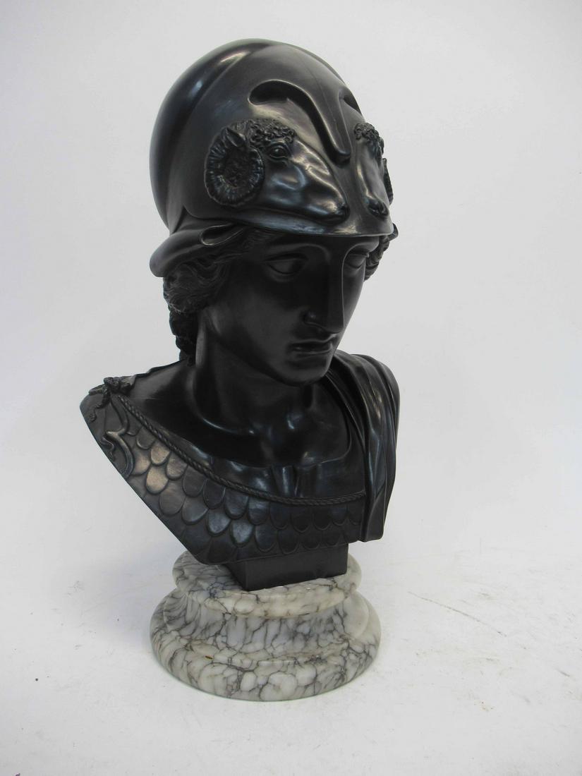Wedgwood Basalt Bust of Minerva: Wedgwood Basalt Bust of Minerva resting on alabaster base. Used condition, chip to lower bust in front. approx 17 1/4" tall on base x 10 1/2" wide x approx 10" deep