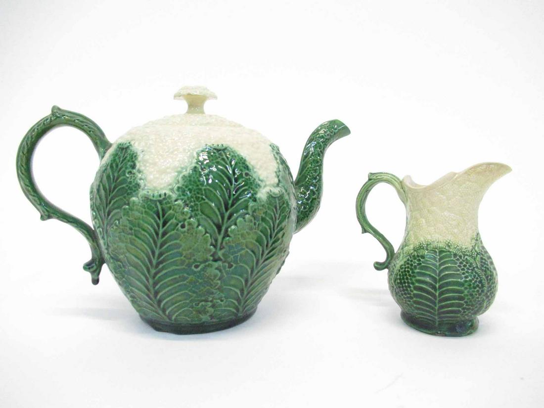 Rare Wedgwood-Whieldon Cauliflower Ware Teapot: Wedgwood-Whieldon Cauliflower Ware Teapot together with similar diminutive creamer. Both unmarked, attributed to Wieldon-Wedgwood style..Used condition.5 1/4" tall 7 1/2" handle to spout