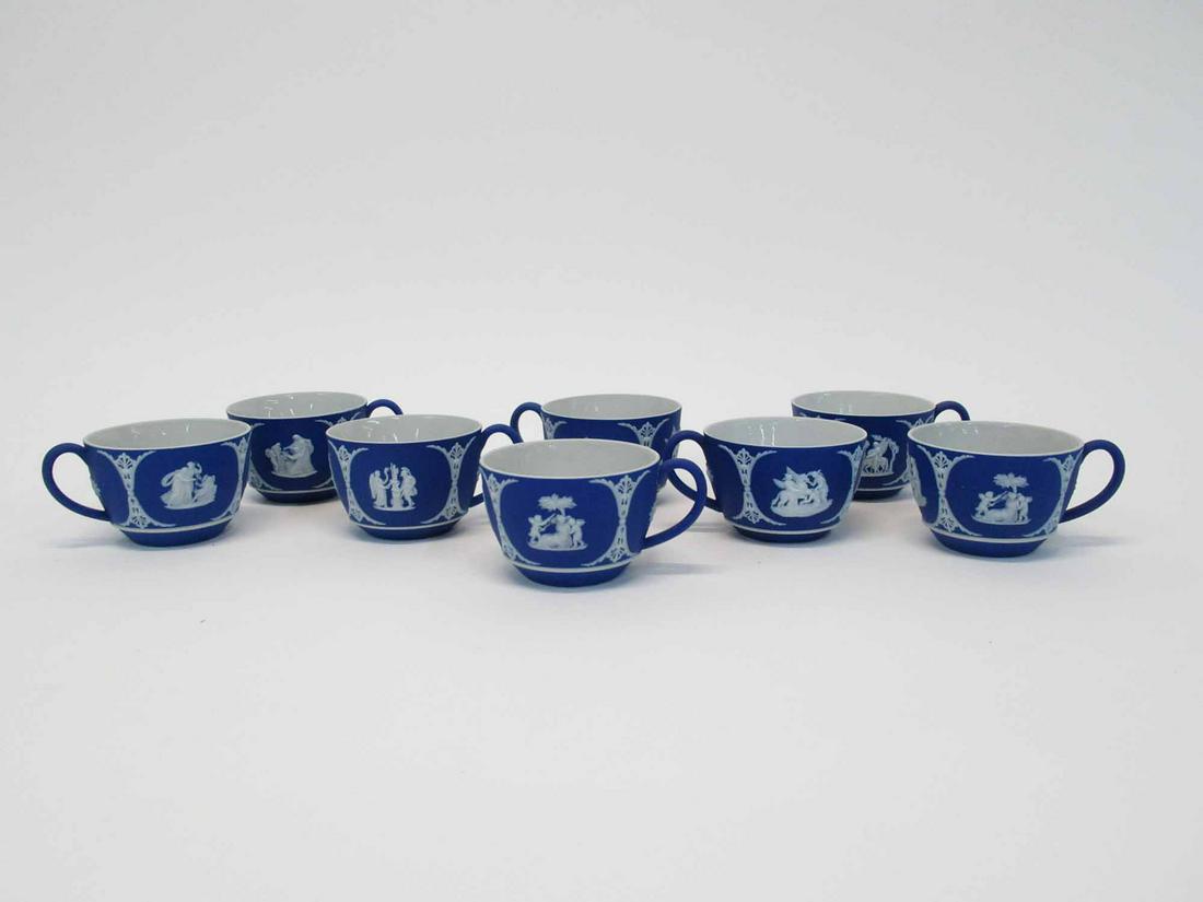 Eight Wedgwood Jasperware Blue Cups: Eight Wedgwood Jasperware Blue Cups. Used condition. 3 1/2" dia