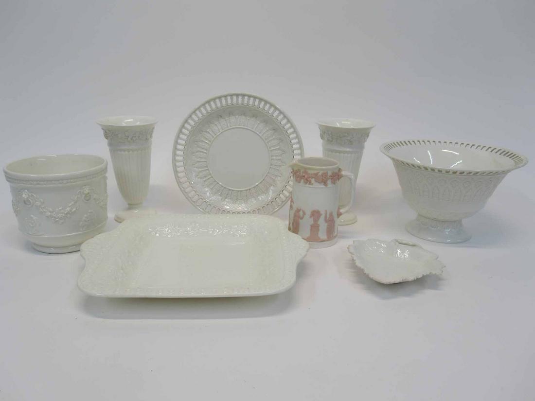 Group of Assorted Wedgwood Queen's Ware: Group of Assorted Wedgwood Queen's Ware table articles comprising of a pair of vases, cash-pot , creamer, square serving tray, together with a center bowl with underplate and leaf form dish. Used cond