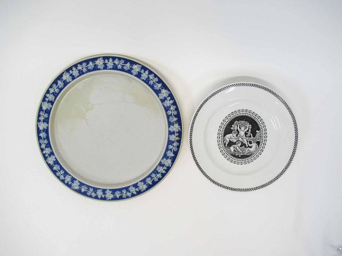 Wedgwood Etruria Cipriani Footed Compote: Wedgwood Etruria Cipriani Footed Compote together with a Japserware cake plate. Used condition, cracks and repairs to cake plate. cake plate size 12" dia