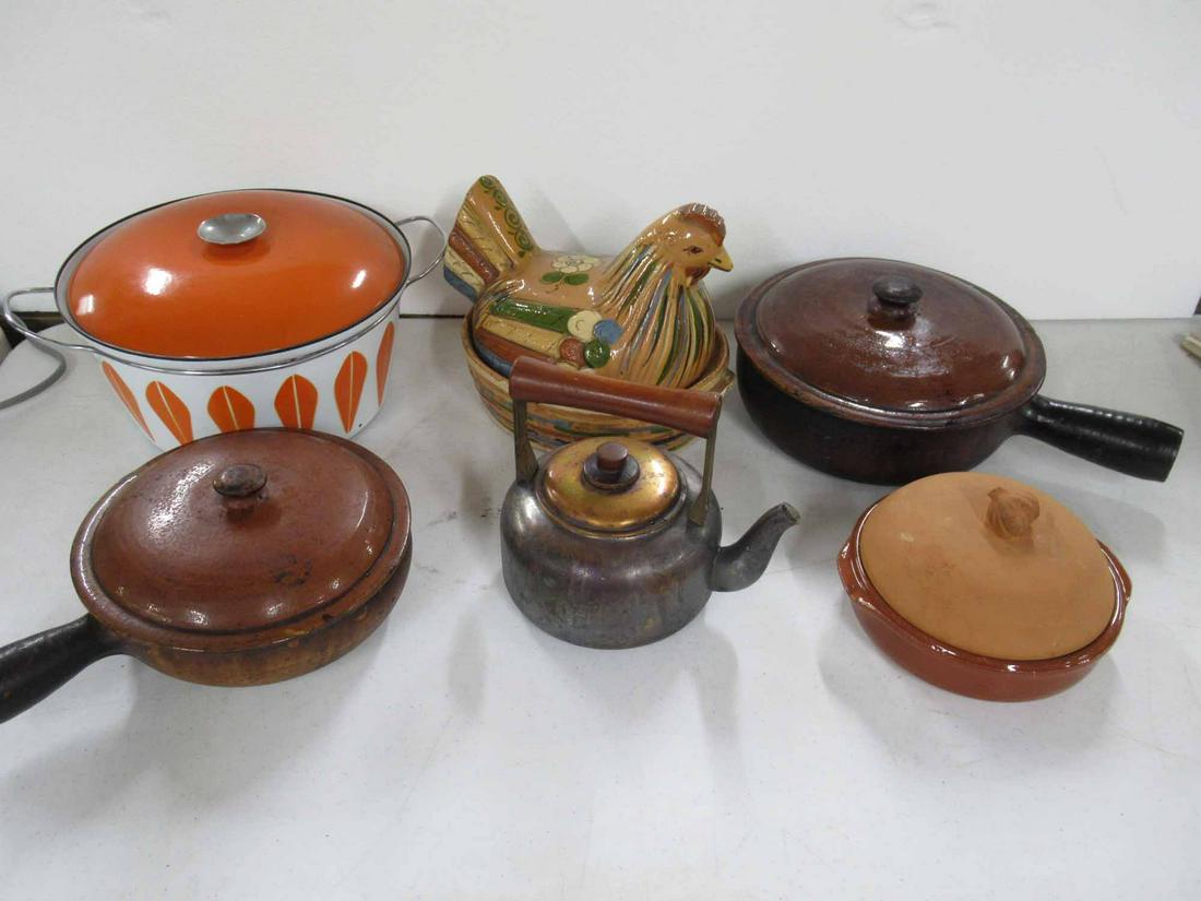Two Vintage Bazar France Vallauris Cookware: Two Vinate Bazar France Vallauris Cookware each having a lid. Together with a metal teapot, a terra cotta casserole with lid and a terra cotta covered casserole in the form of a chicken. Used conditio