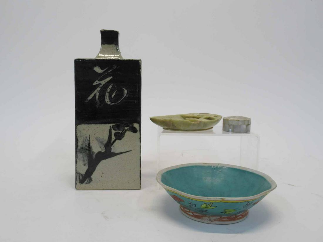 Oriental Style Stoneware Vase: Oriental Style Stoneware Vase. Together with a Famille Rose style bowl, soapstone ashtray and mother of pearl covered box. Used condition, chip to vase, ea, worn.