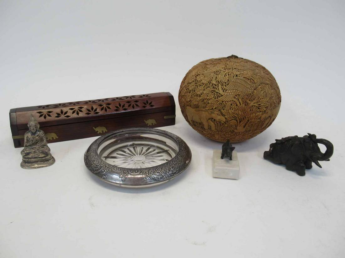 Group of Assorted Table Articles: Group of Assorted Table Articles. Including Pig, Elephant, Seated Deity and Silver ashtray, carving with Monkeys, sheep and Hardwood Incense burner with inlaid brass elephants. Used condition, wear, s