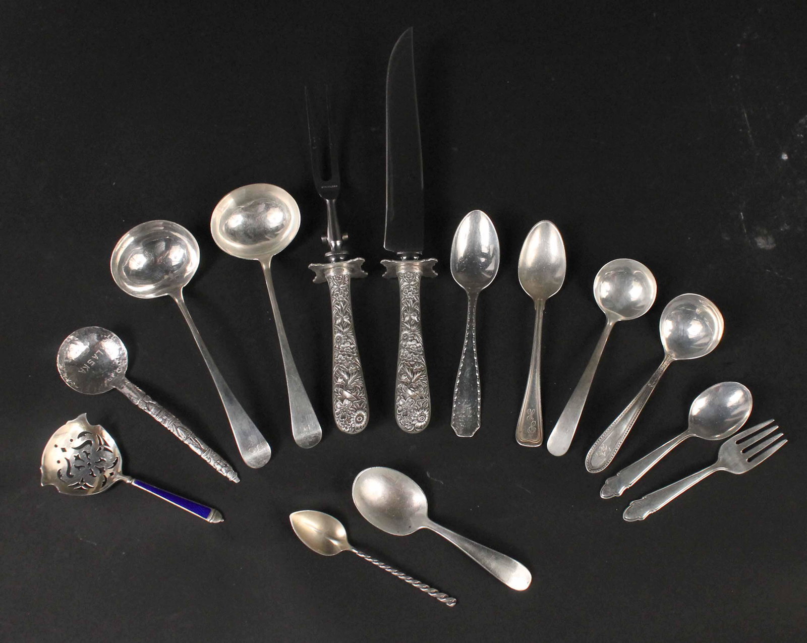 Pair of Georgian Silver Sauce Ladles: Makers mark IB, London, 1806, each monogrammed JC. Together with a group of sterling silver flatware items, including a Tiffany "Marquise" pattern (1902) teaspoon, S.Kirk & Son small ladle, 2 piece yo