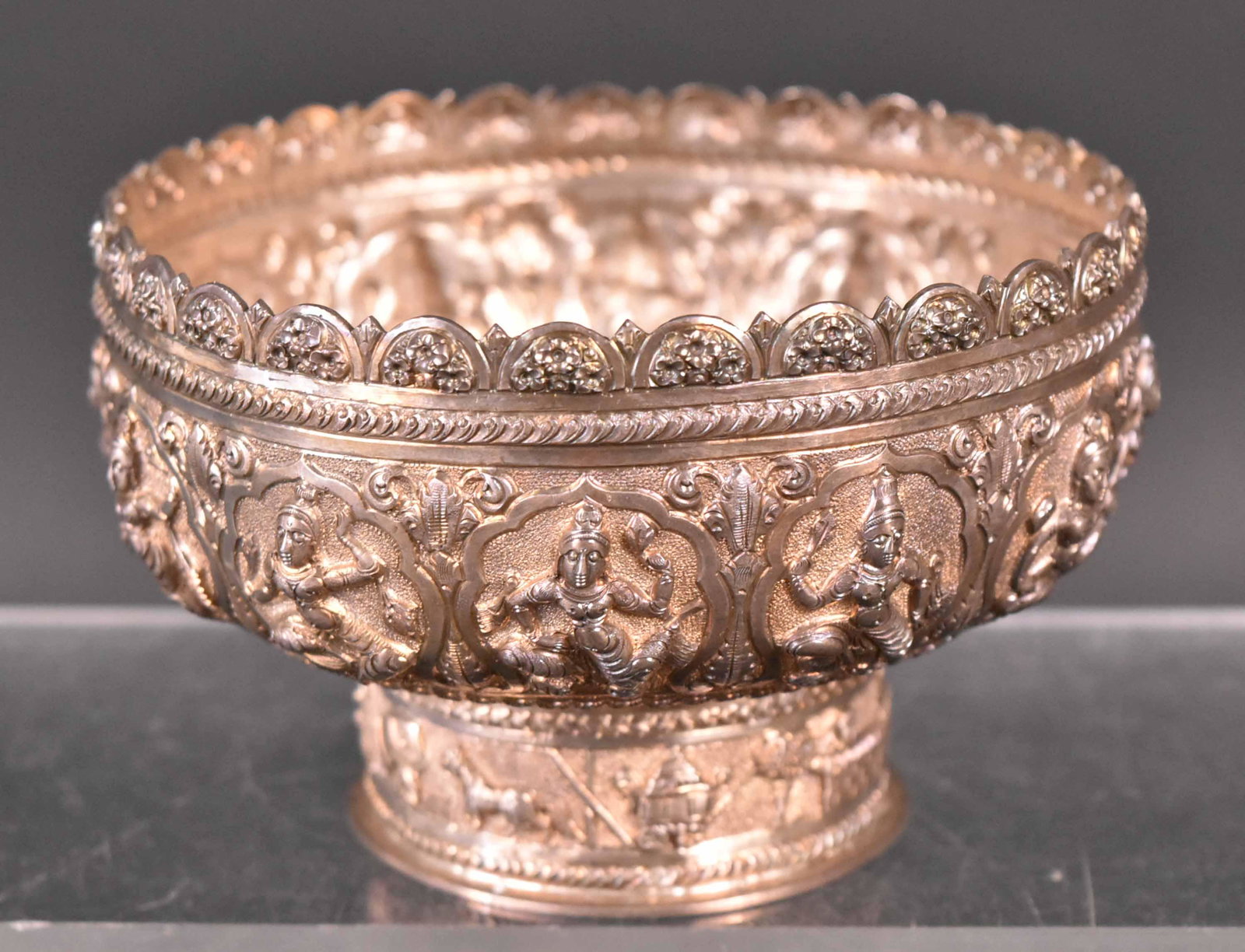 Scottish Silver Circular Bowl: Stamped Edward & Sons, Makers Mark DE CE, Glasg0w, 1900, Southeast Asian Dieties, 2-3/4"h x 4-1/4"d, weight approx. 4 T.O. Provenance: Property from the Collection of Myrna and Bernard Posner