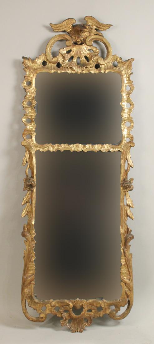 George II Giltwood Rococo Two Part Mirror: English, 18th C., with eagle pediment. 5'5"h x 23"w