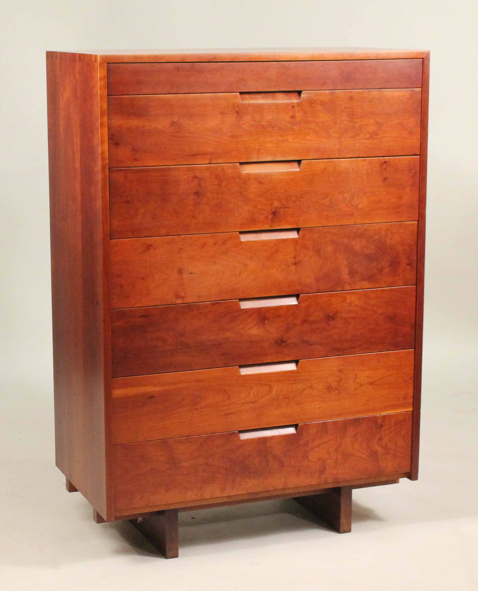 George Nakashima Cherrywood Tall Chest: (1905-1990) Nakashima Studio, with copy of original receipt, with six drawers. 4'5"h x 36"w x 20"d Provenance: The Collection of the Estate of Elayne and Monroe Weinstein, Poughkeepsie, NY.