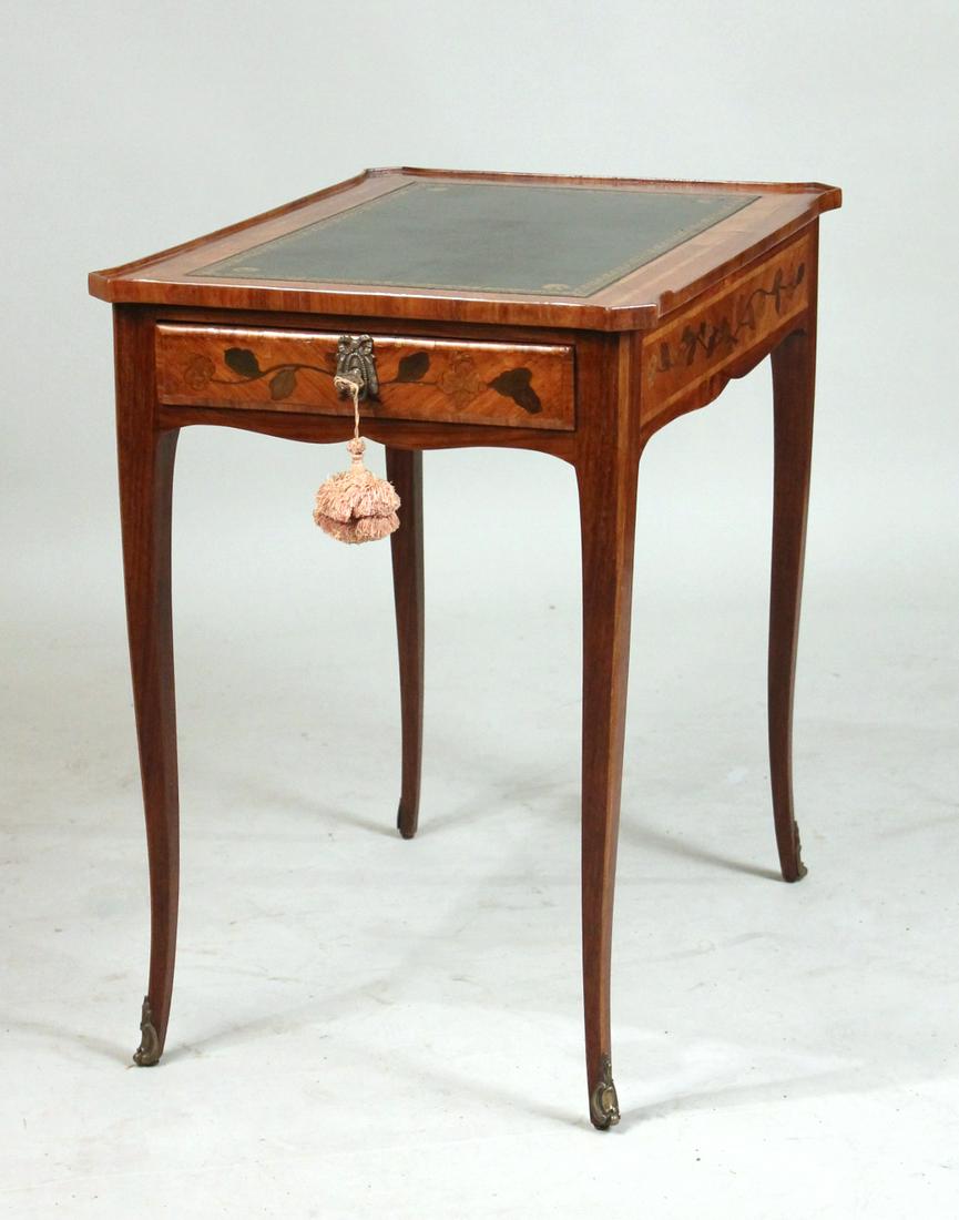 Louis XV Style Transitional Marquetry Table: French, 19th/20th C., with leather-inset top and one drawer. 26"h x 25-1/2"w x 18"d