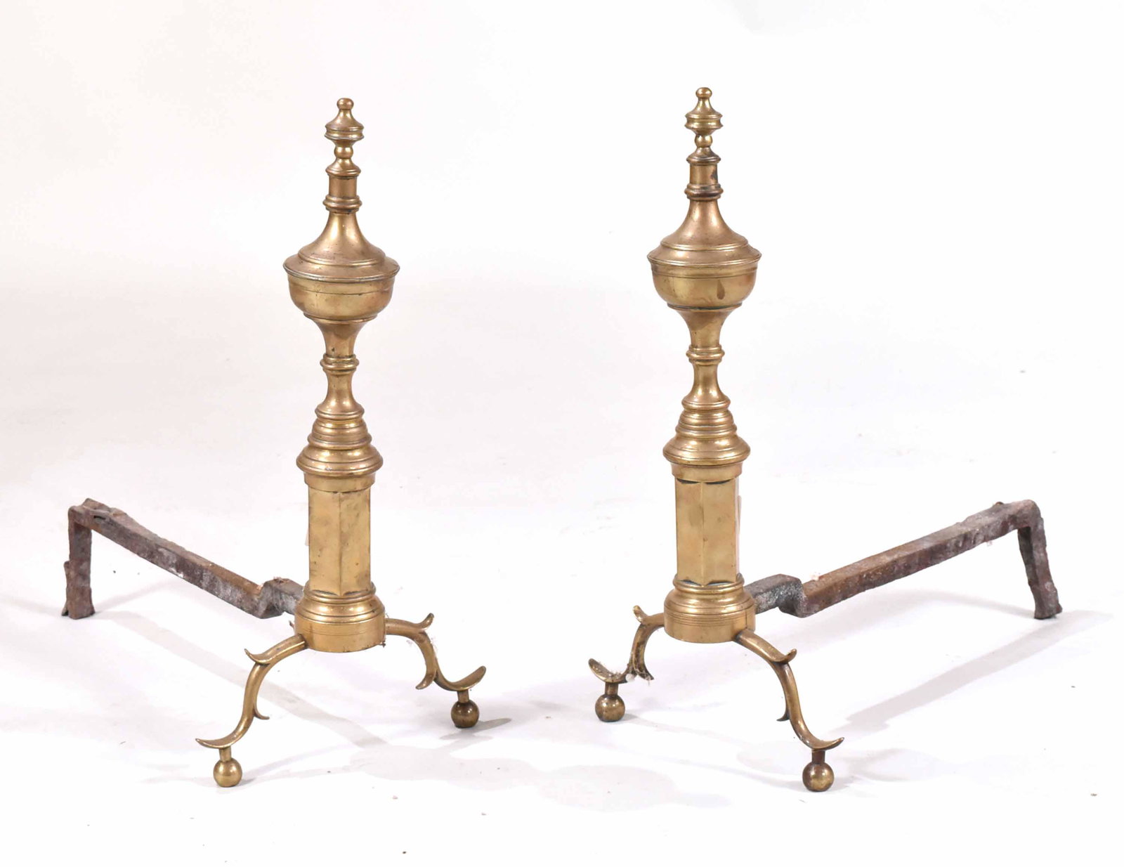 Pair of Federal Brass Andirons: New York, 1800-1820. 24"h x 12"w x 22"d Provenance: Property from an Ohio Estate.