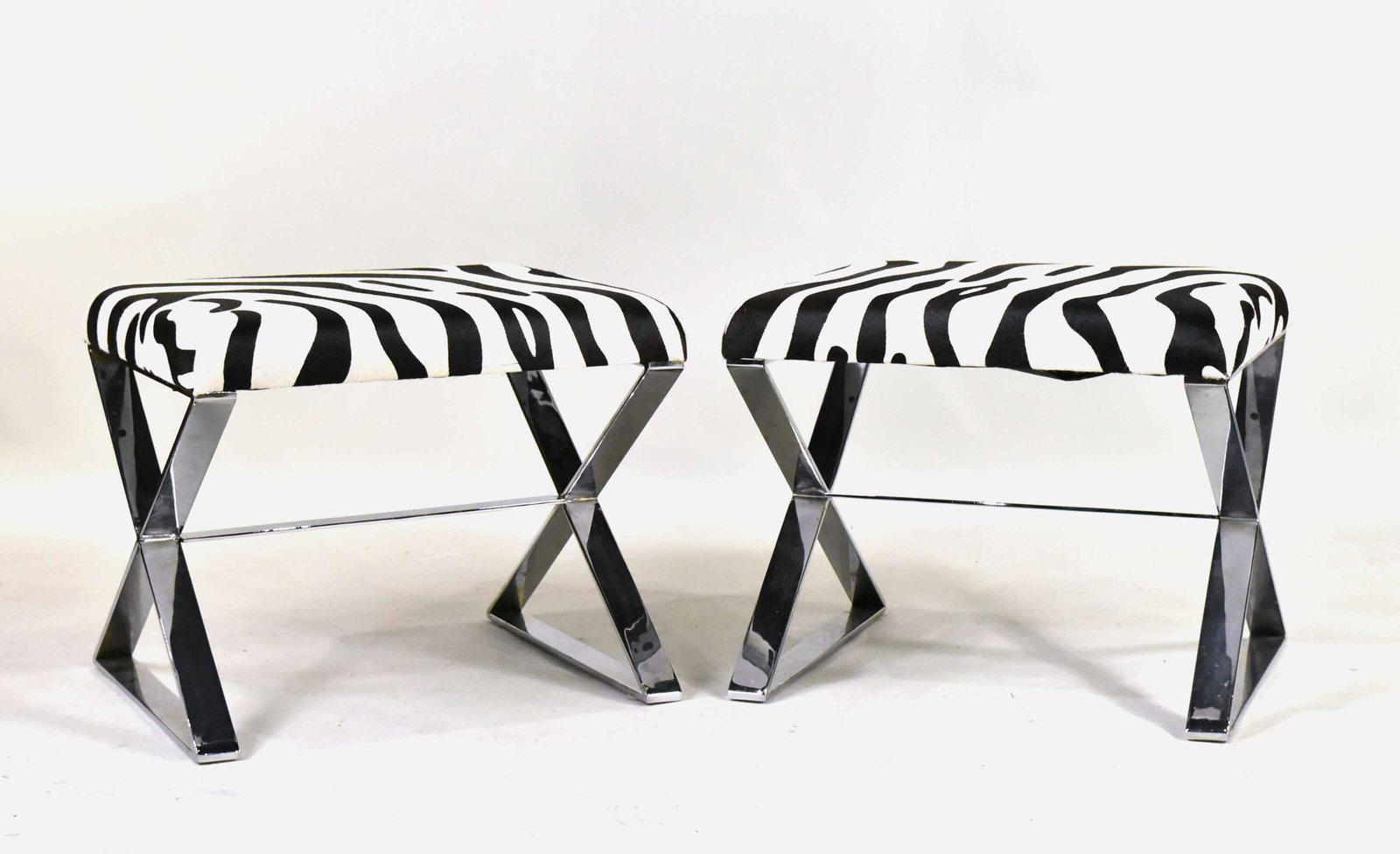Pair of Zebra Printed Hide and Chrome Stools: 19-1/2"h x 24"w x 21-1/2"d