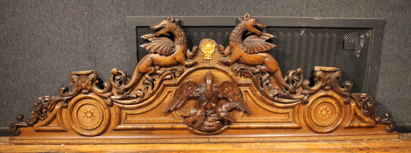 Renaissance Revival Walnut Architectural Element: Second-half 19th C., with parcel-gilt decoration. 41"h x 10'9"l x 12"d Provenance: Property from an Ohio Estate.