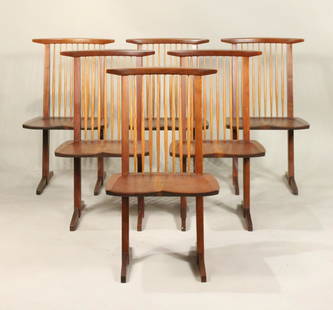 Six George Nakashima Conoid Dining Chairs: (1905-1990) Nakashima Studio, with copy of original receipt. 35-3/4 x 19-1/2 x 16 Provenance: The Collection of the Estate of Elayne and Monroe Weinstein, Poughkeepsie, NY.