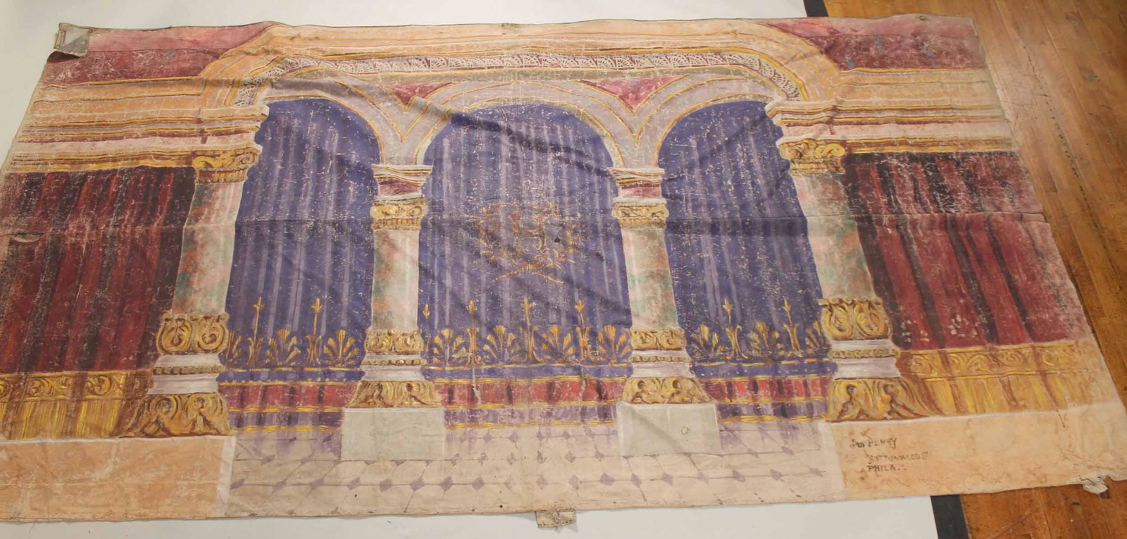 Hand-Painted on Canvas Theatrical Back Drop: American, 19th C. Comprising three scenes. Signed. J. Perry Buttonwood St., Philadelphia.