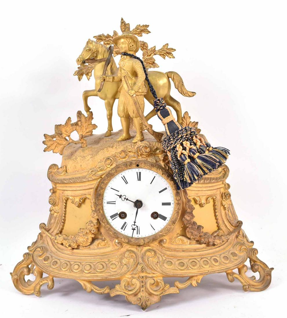 Rococo Style Gilt-Metal Figural Mantel Clock: With boy and horse figural finial. Works replaced. 13"h x 13"w x 6"d