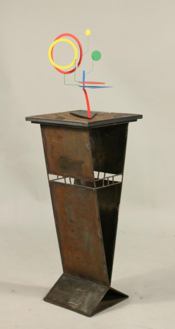 Abstract Kinetic Sculpture, Jerome Kirk: (American, b. 1923). Together with a mixed metal pedestal. 2 pieces Sculpture: 16-1/2"h x 19"w. Base: 37"h x 16"sq.