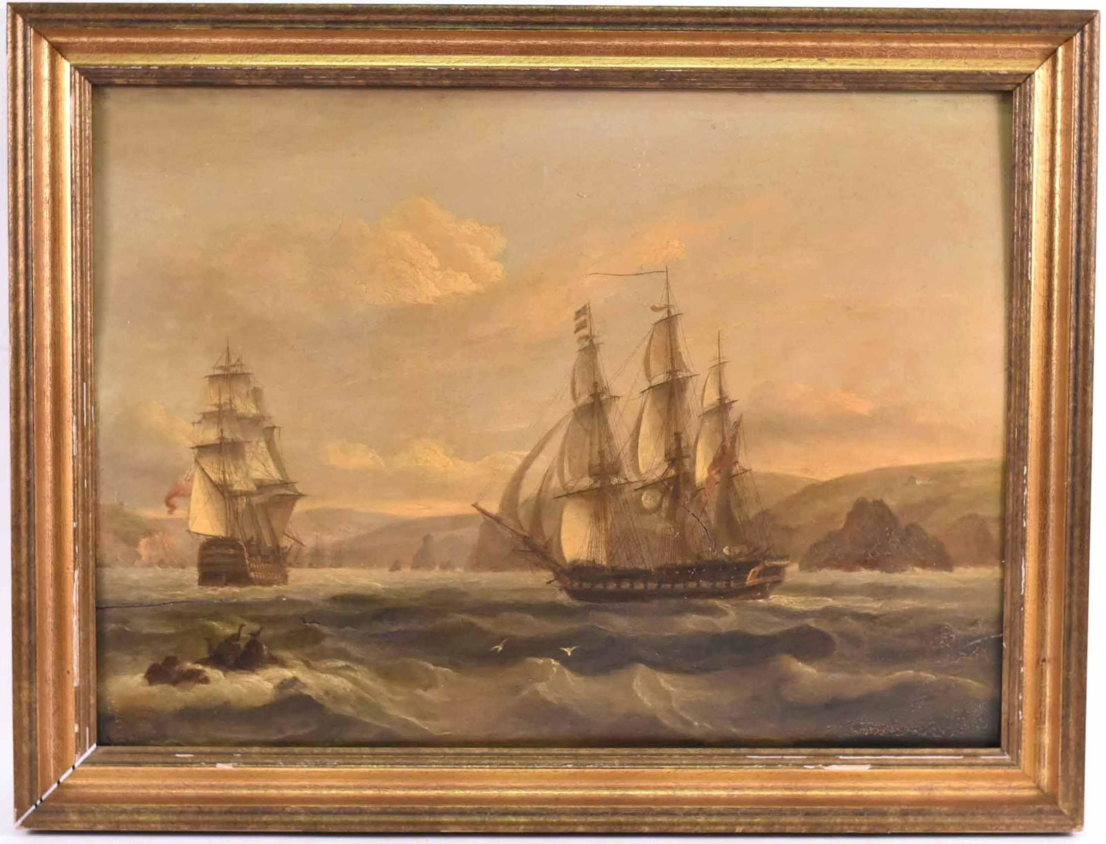 Oil on Board, Two British Ships, Thomas Luny: (English, 1759-1837)Shrinkage cracks and repairs. Signed and dated l.l."Luny/ 1829". 19"h x 27"w