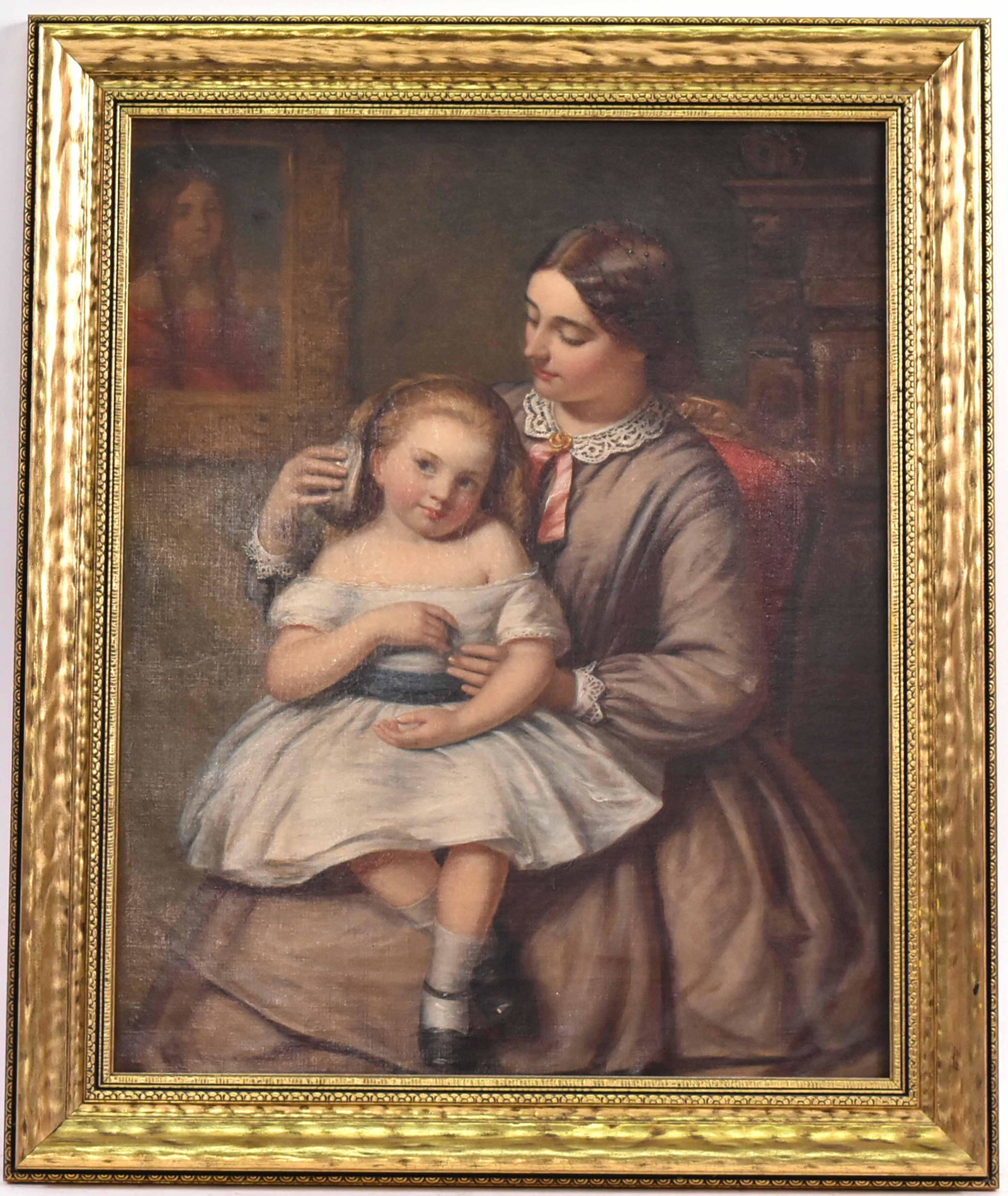 Oil on Canvas Mother & Child Joshua H. Sams Mann: Inscribed verso JHS Mann, (Joshua Hargrave Sams Mann, British, 1849-1884) "Listening to the Mermaids Song, 1860. No 271 Royal Academy 1860. Size:22 3/4"h x 18 1/4"w