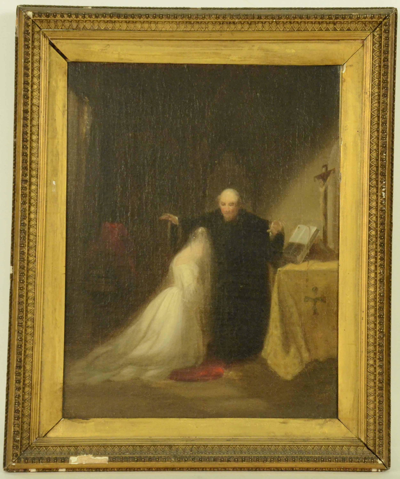 Oil on Canvas, Juliet in Friar Laurence's Cell: English, second half 19th c., appears to be unsigned. Sight size: 15-1/2"h x 11-3/4"w Provenance: Handwritten note verso reads "It belonged for many, many years to William Jaggard, descendant of Isaac