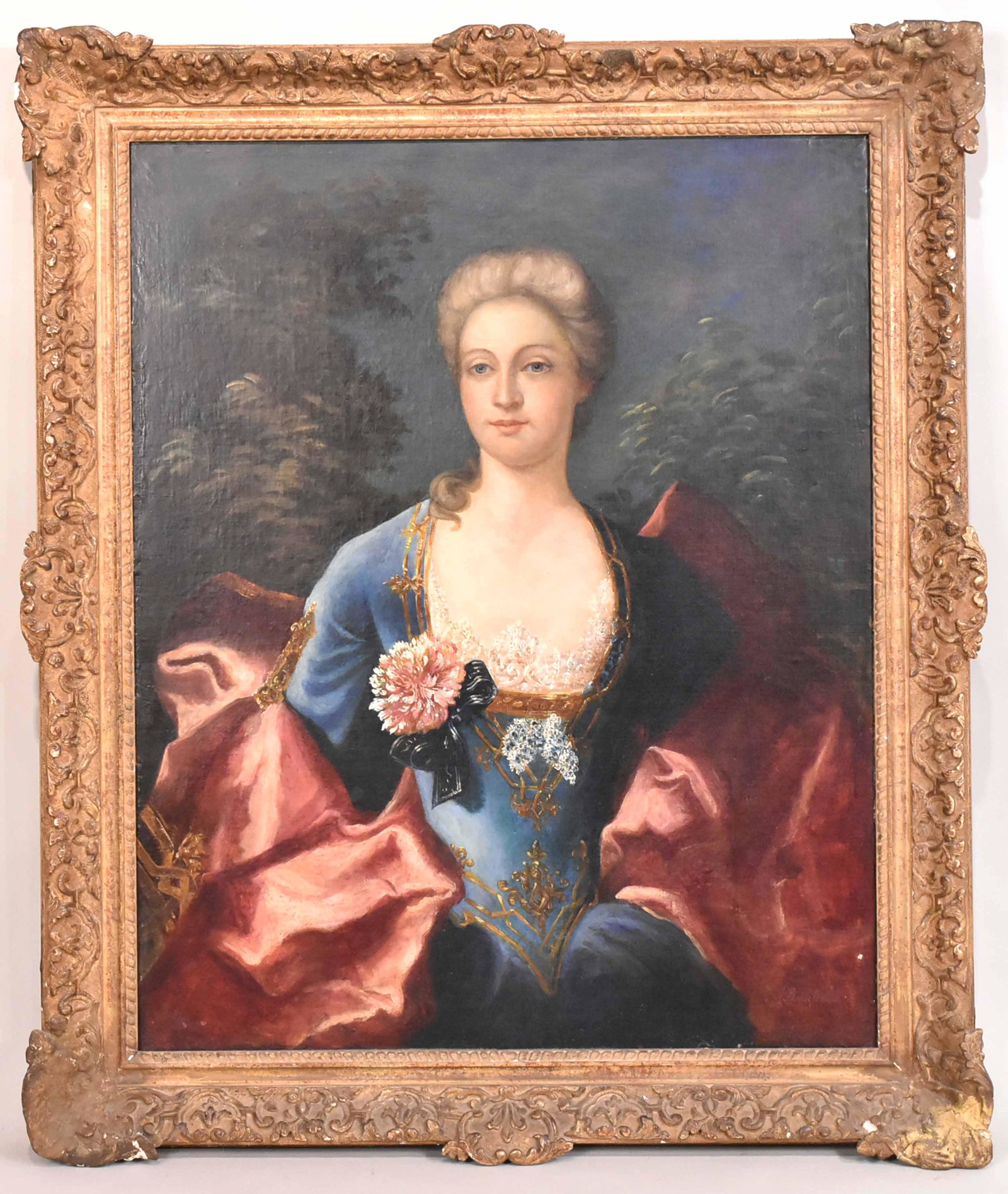 Oil on Canvas, Portrait, Jean-Sebastien Rouillard: (French, 1789-1852) Portrait of a Court Lady in 18th Centure costume, laid on board at a later date, signed l.r. "S. Rouillard." Sight size: 39"h x 32"w Provenance: St. Charles Antiques, New Orleans, 