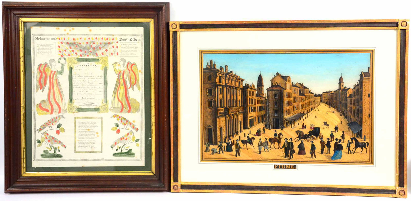 Printed and Hand Colored Fraktur: Pennsylvania German, dated 1845. Together with a straw work depiction of Fiume. Sight size: 17-1/2"h x 14"w and 13"h x 20-1/2"w