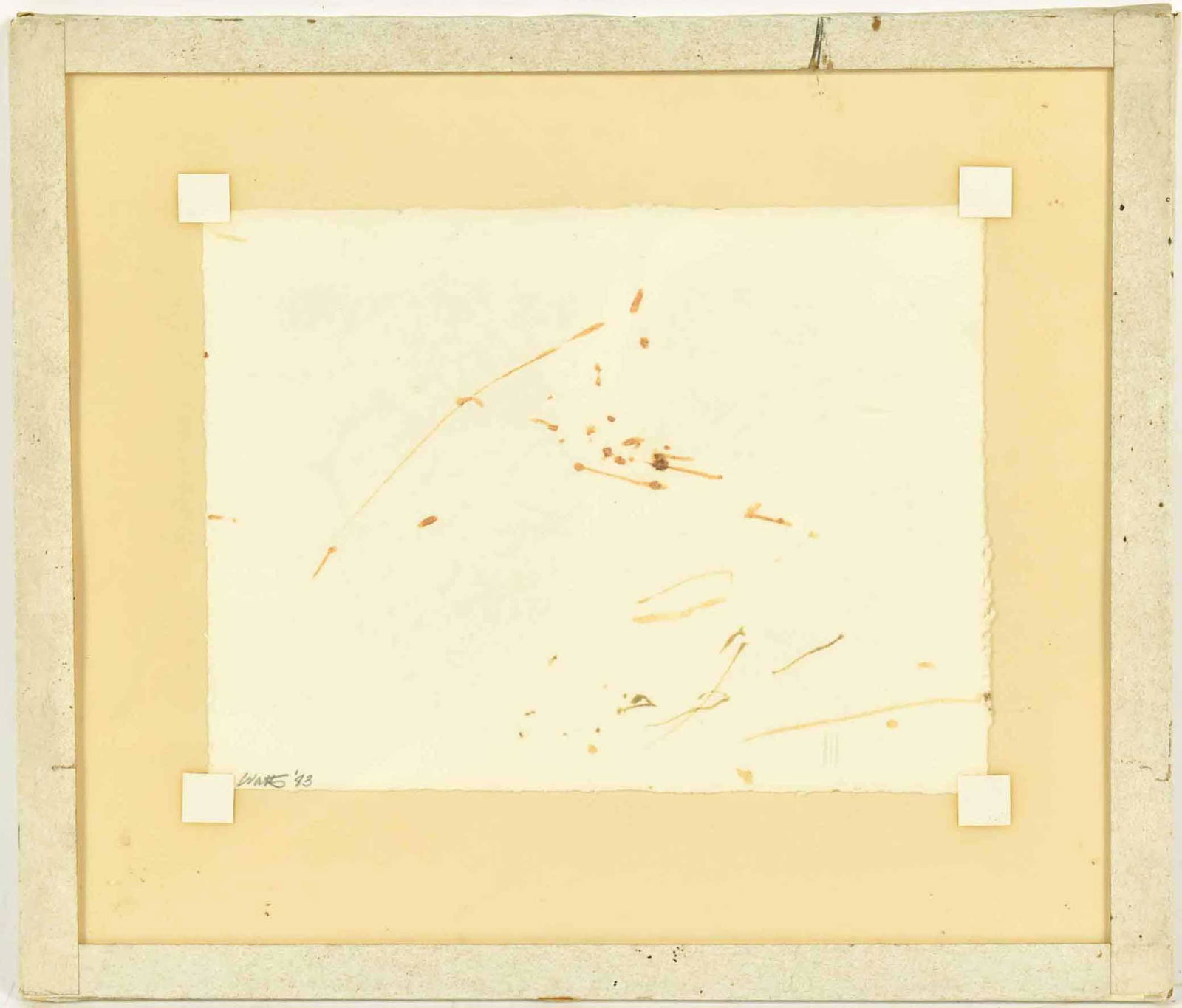 Robert Watts Signed Work on Paper: Robert (Bob) Watts (American 1923-1988) Mixed medium on paper, taped down, and within a masking taped frame. Entitled, "Taped to a Tree" and pencil signed and dated,ll, "Watts '83" Sight size: 5-1/2"h