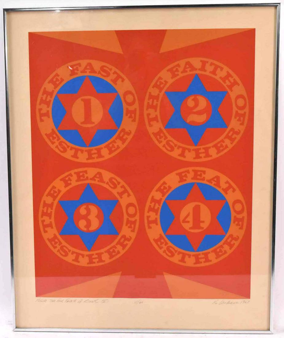 Silkscreen Robert Indiana: 20th Century. "The Purim: The Four Facets of Esther (II), 1967" Signed and titled in pencil along bottom margin. Size: 32"h x 25 1/2"w Provenance: The Collection of the Estate of Elayne and Monroe Wei