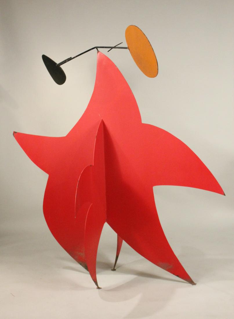 Steel Kinetic Abstract Sculpture, Robert Kantor: (American, b. 1943) "Rising Star Red." Rust and losses to paint on corners and edges. Apx. 6'h x 5'10"w x 4'3"d