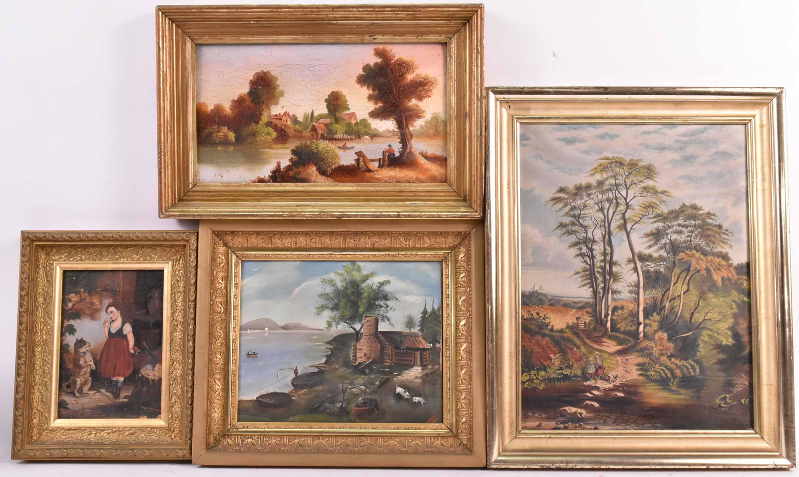 Three Oil on Canvas Paintings: Comprising two riverscape scenes and a tree lined path. Together with a girl and a dog. All appear unsigned. Size: 17"h x 12"w