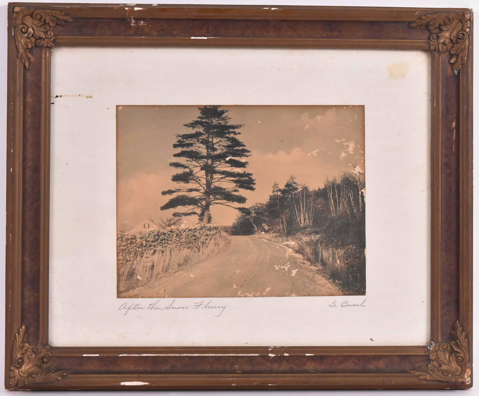 Hand Colored Photograph, "After the Snow Flurry": Signed in pencil l.r. "Le Busch (?)." Sight size: 7"h x 8-3/4"w Provenance: Property consigned by Letty Lou Eisenhauer (born 1935). She was an American visual and performance artist known for her free