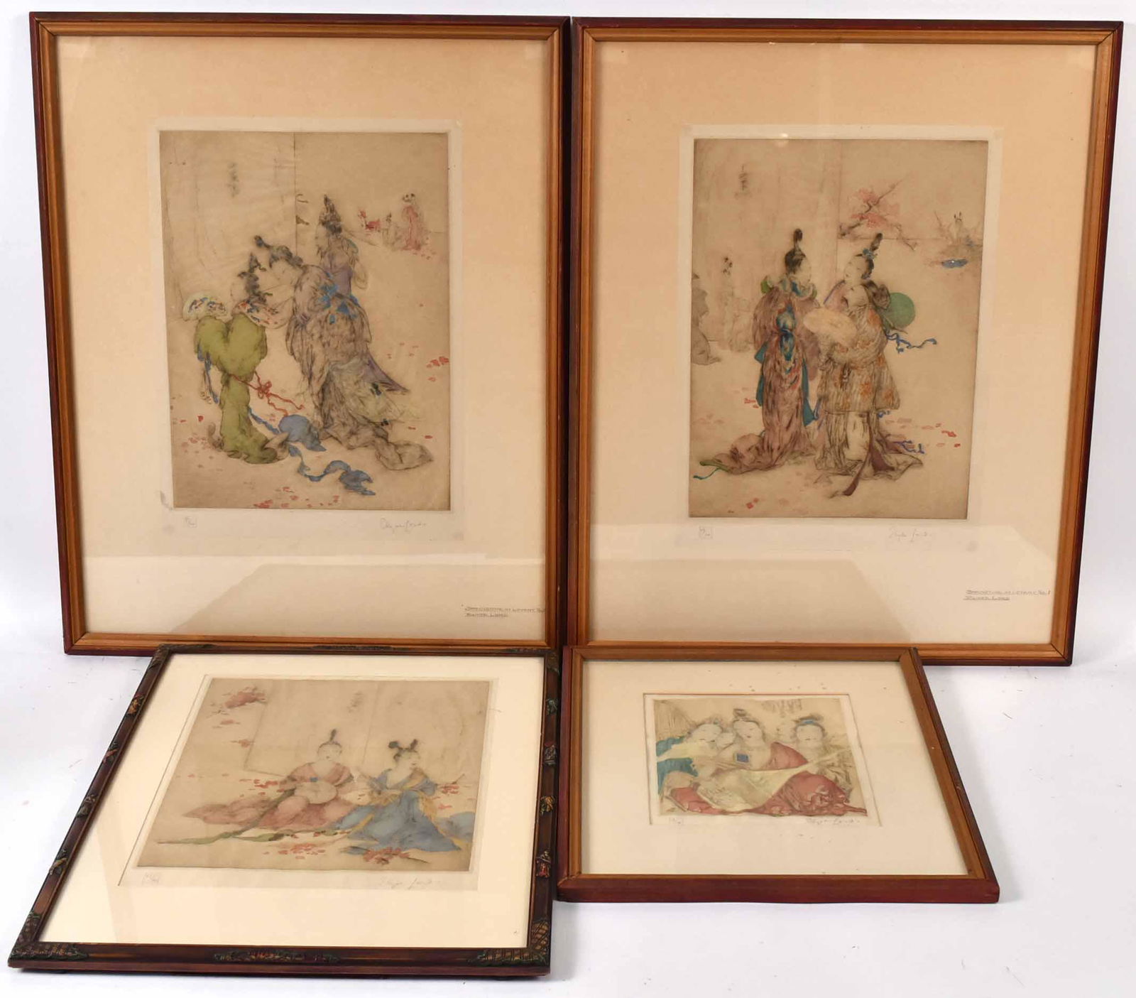 Four Etchings, Elyse Lord, Exotic Women: (1900-1971) Overall foxing and yellowing. (2) 14"h x 10"w, 13"h x 10"w, 8"h x 7"w.