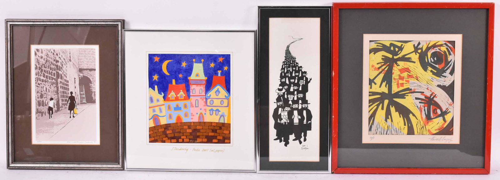 Four Works of Art on Paper: Comprising an abstract print signed l.r. Harold A Taylor(?), a print depicting an Israeli street scene, signed l.r Handleman, a Rabbi train print signed l.r. N Cohen and a oil on paper titled "Praha" 