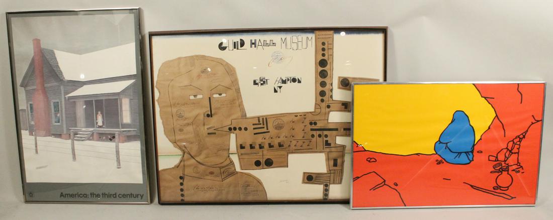 Guild Hall Museum Print Saul Steinberg: (1914-1999) Together with a Saul Steinberg signed print, a poster titled " America the third Century," and a color print depicting a seated woman signed l.r. illegible. Size of largest: 30"h x 41"w Pr