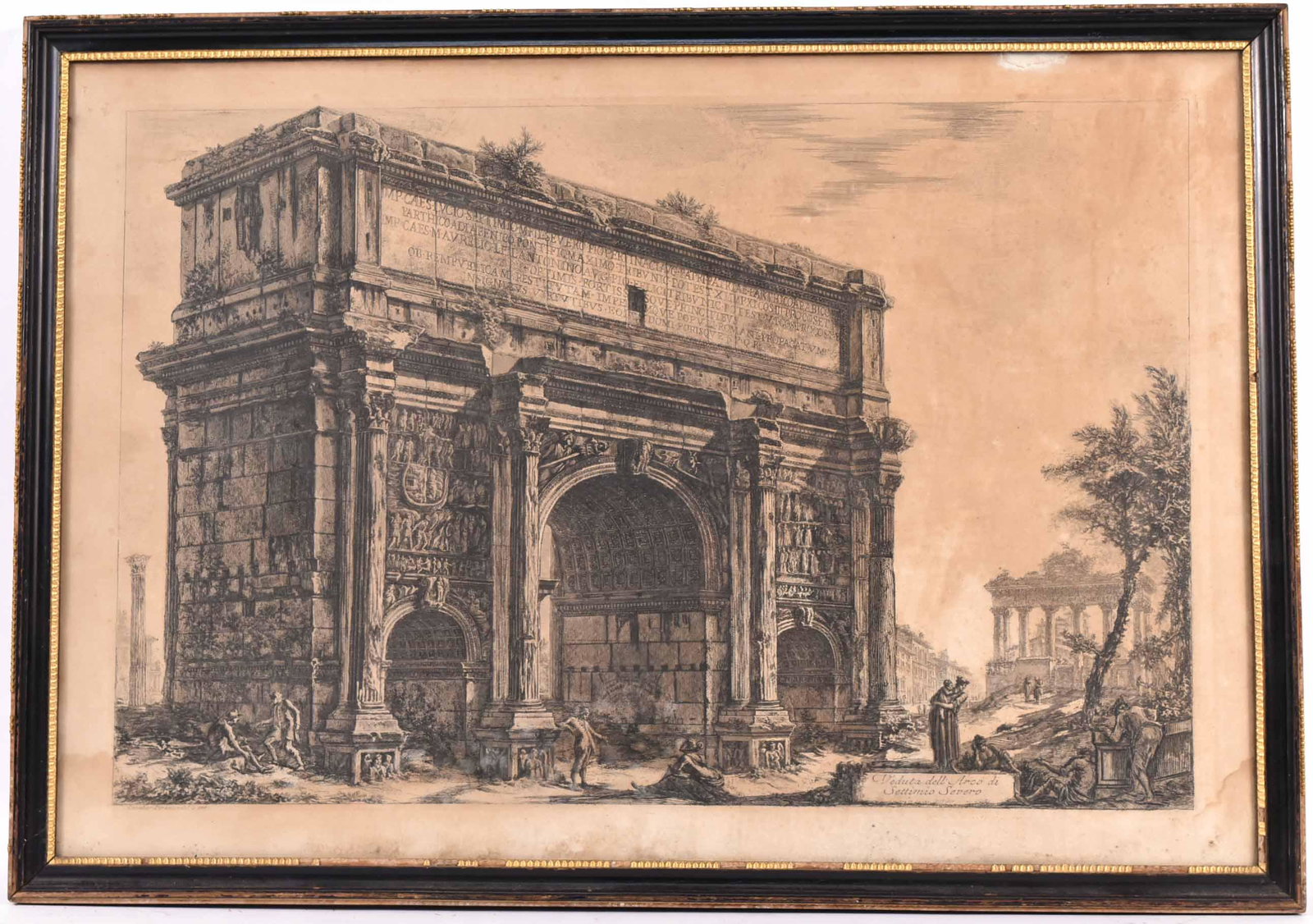 Piranesi Engraving, Veduta dell'Arco di Settimio: Giovanni Piranesi (Italian, 1720-1778) Some water damage, losses, and foxing to edges. Sight size: 21"h x 31"w