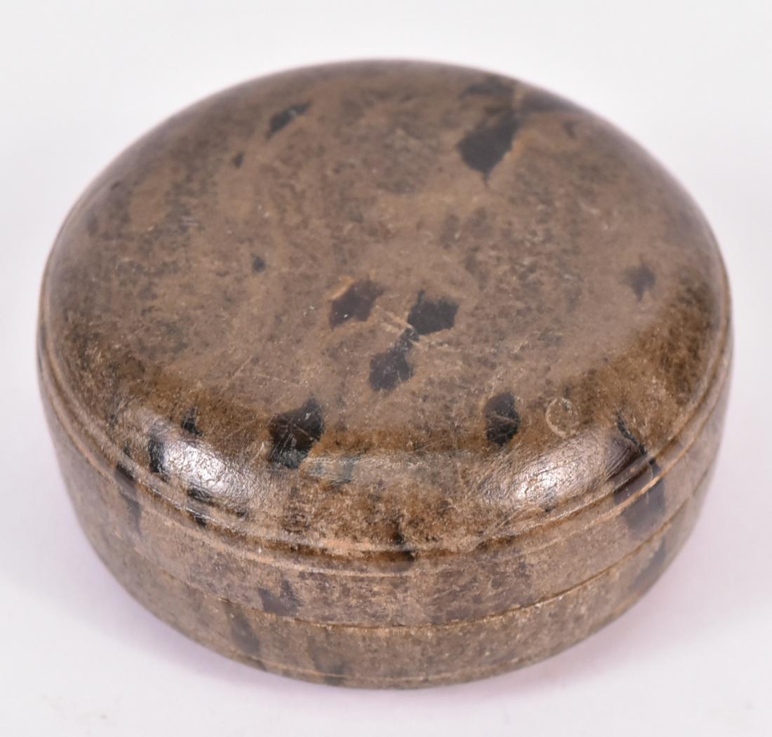 Chinese Soapstone Circular Seal Box: Six Dynasties or Later. 1"h x 2"dia. Provenance: Warren Cox Collection.