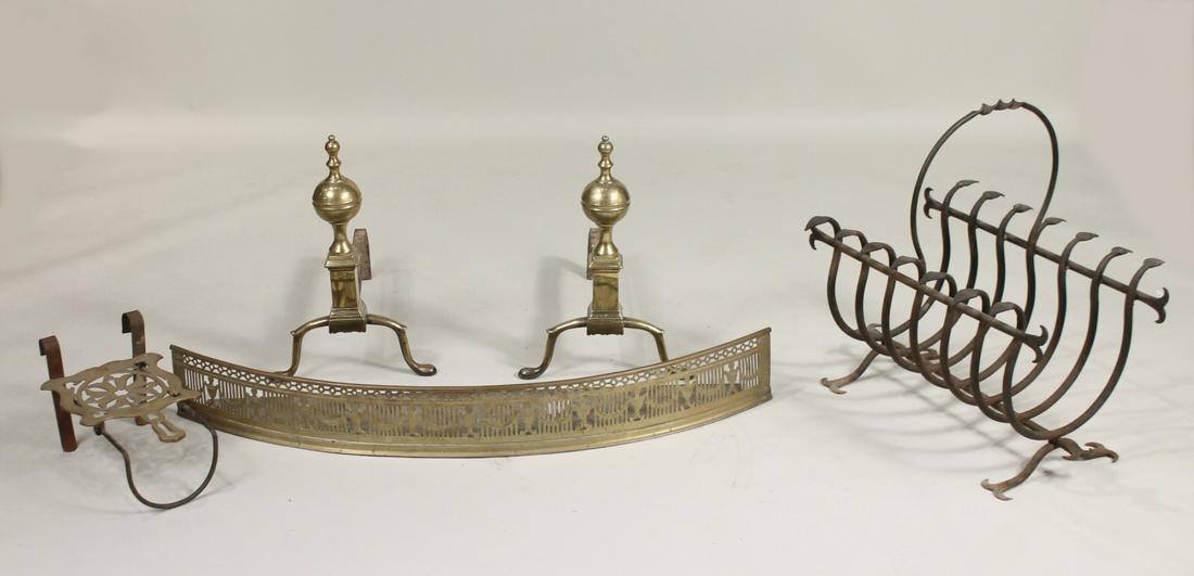 Pair of Cast Brass Andirons: American, 19th C. Together with a George III brass bow front fireplace fender, English, a brass trivet, English, and wrought iron log holder. 19"h