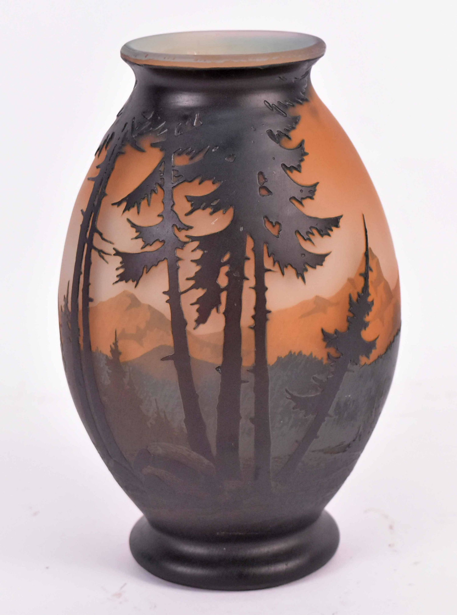 Muller Freres Cameo Glass Vase: Depicting a landscape with mountains, pine trees, and a lake. 8-1/2"h Provenance: Property from an Ohio Estate.
